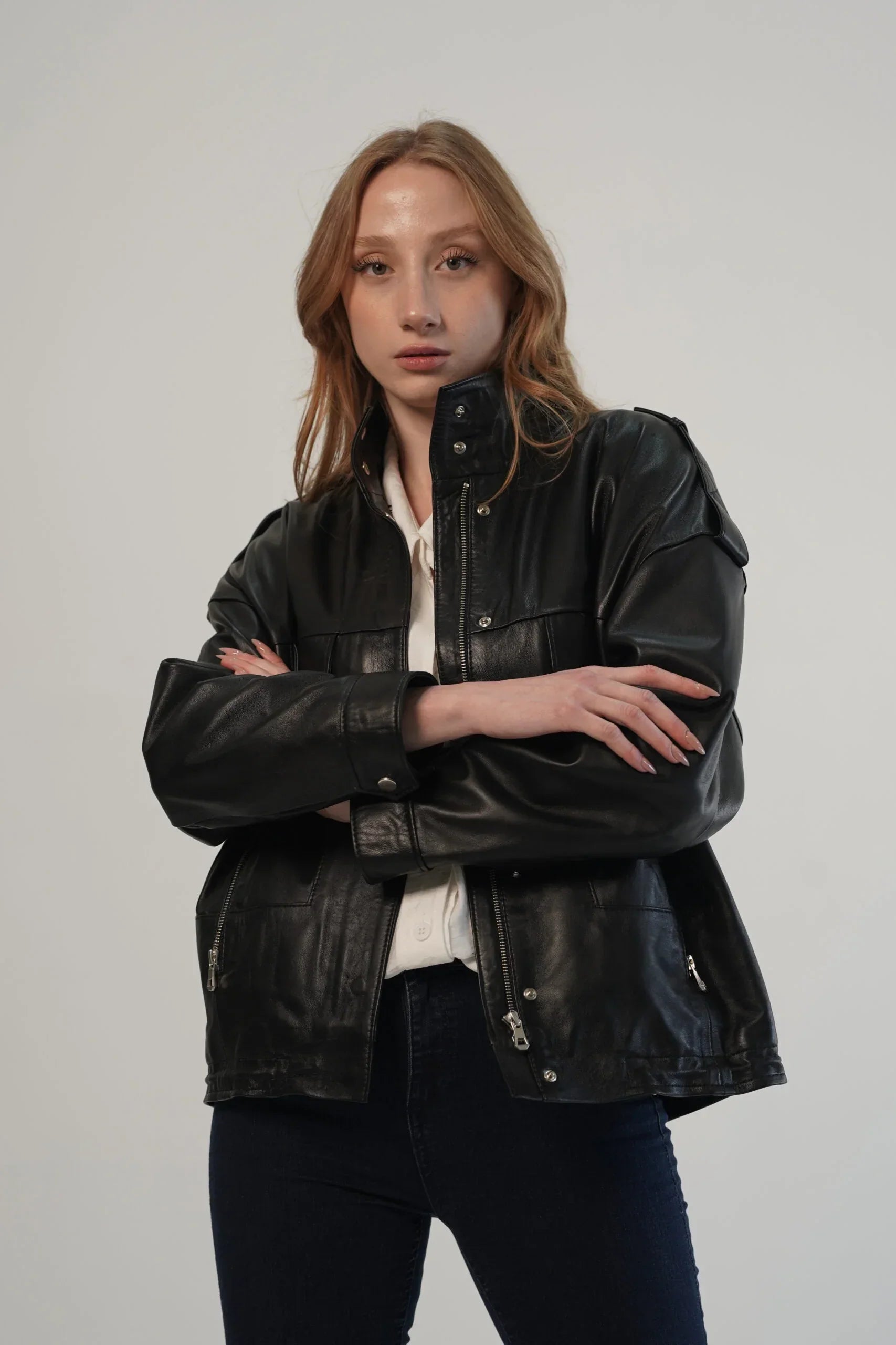 Oversize Black Leather Jacket For Women's