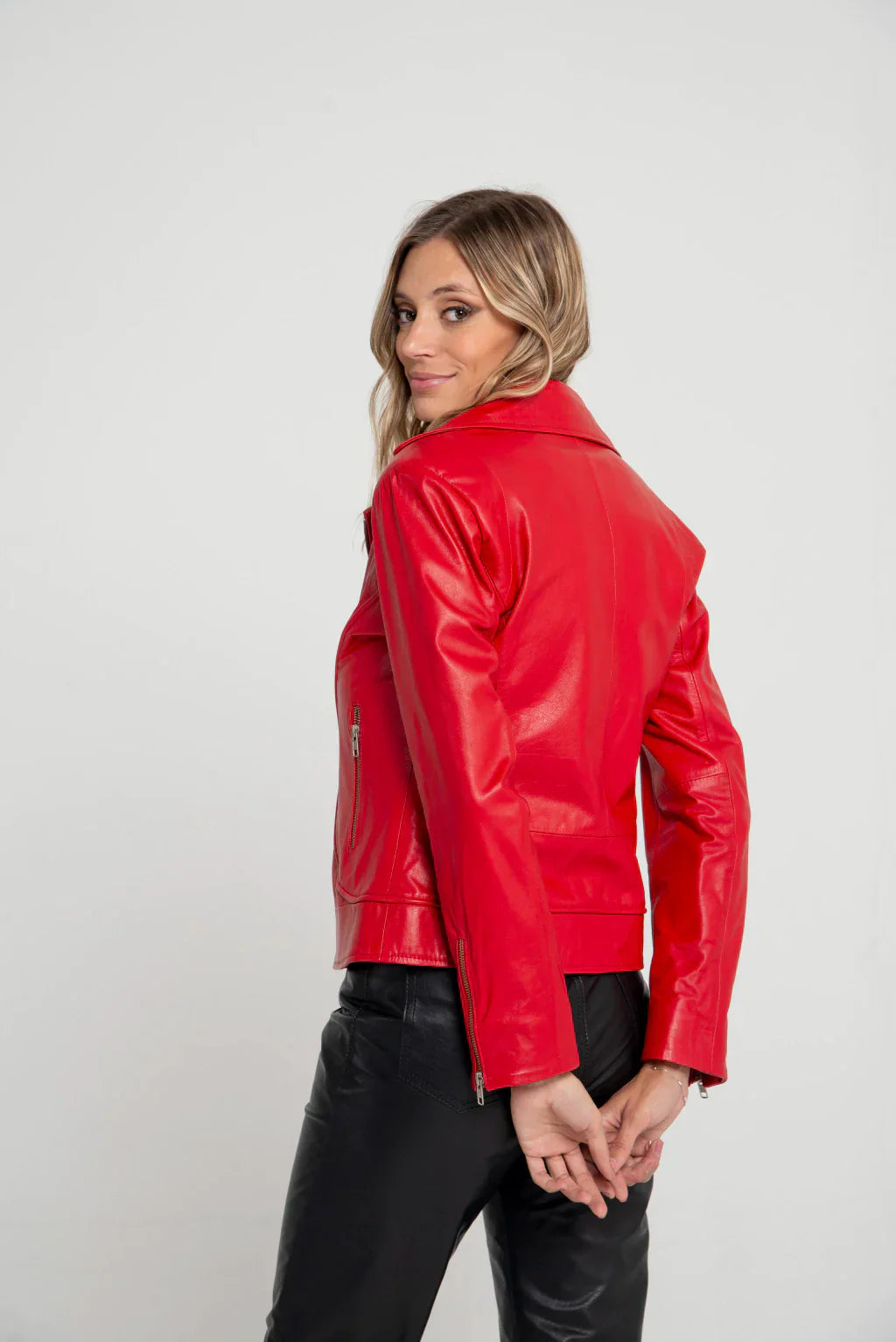 Spread Collar Women Red Leather Jacket