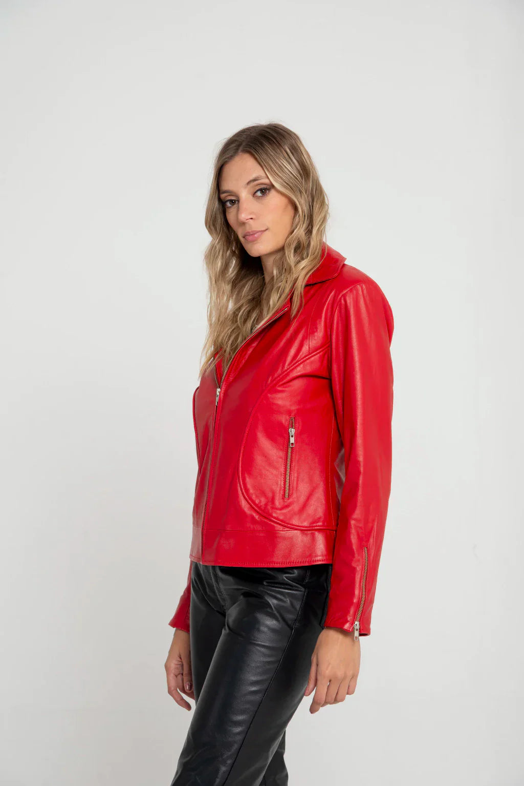 Spread Collar Women Red Leather Jacket