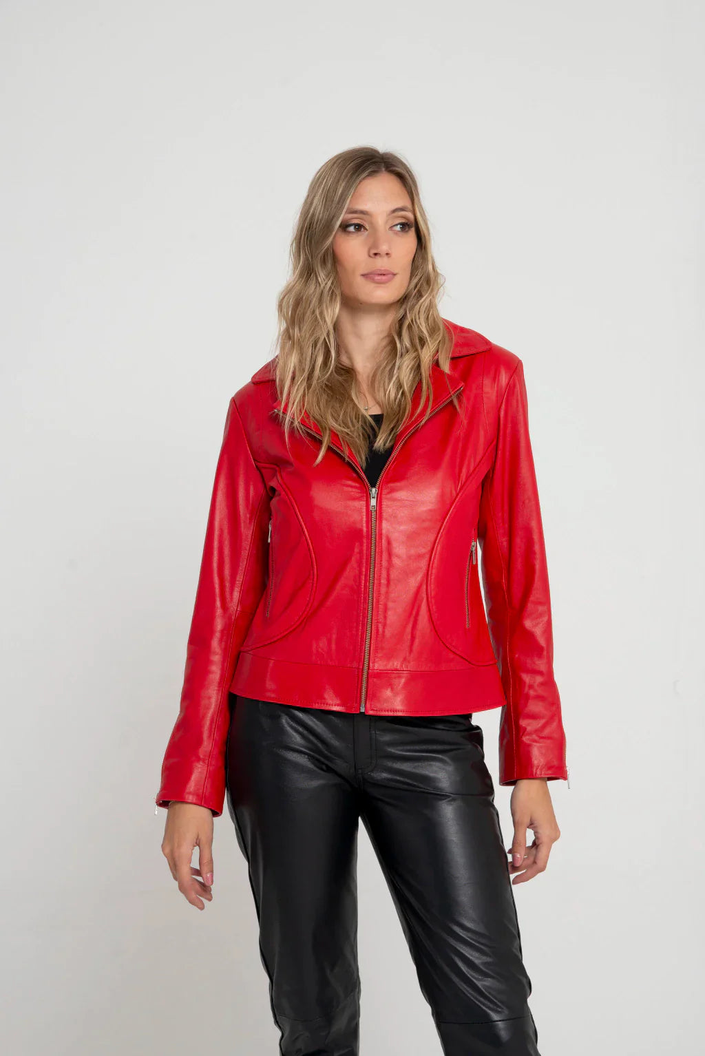 Spread Collar Women Red Leather Jacket