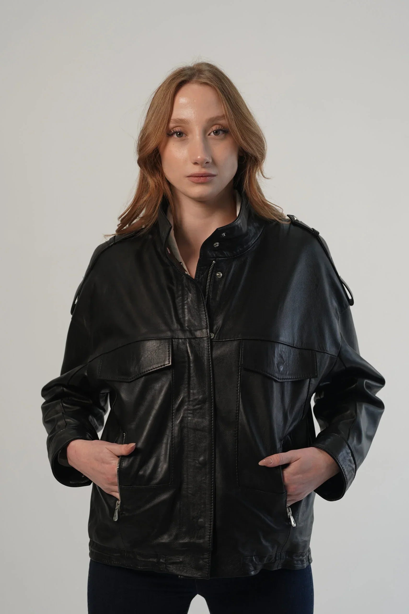 Oversize Black Leather Jacket For Women's