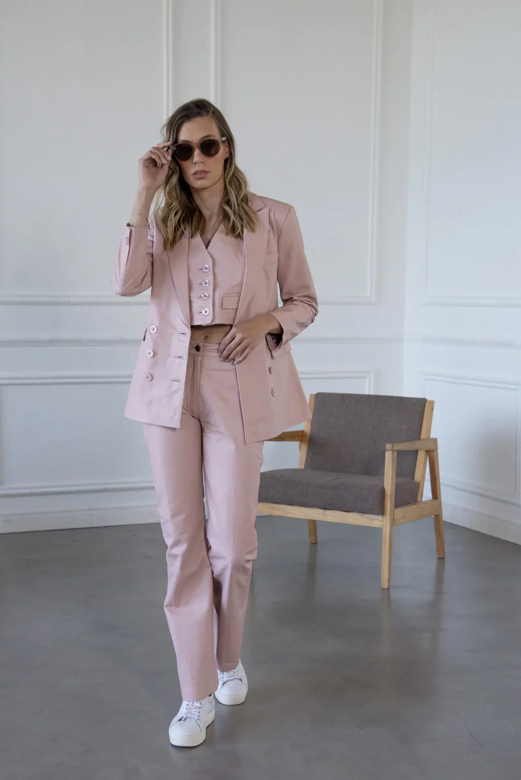PRINDA Rose Pink Leather Blazer For Women (2 Piece)