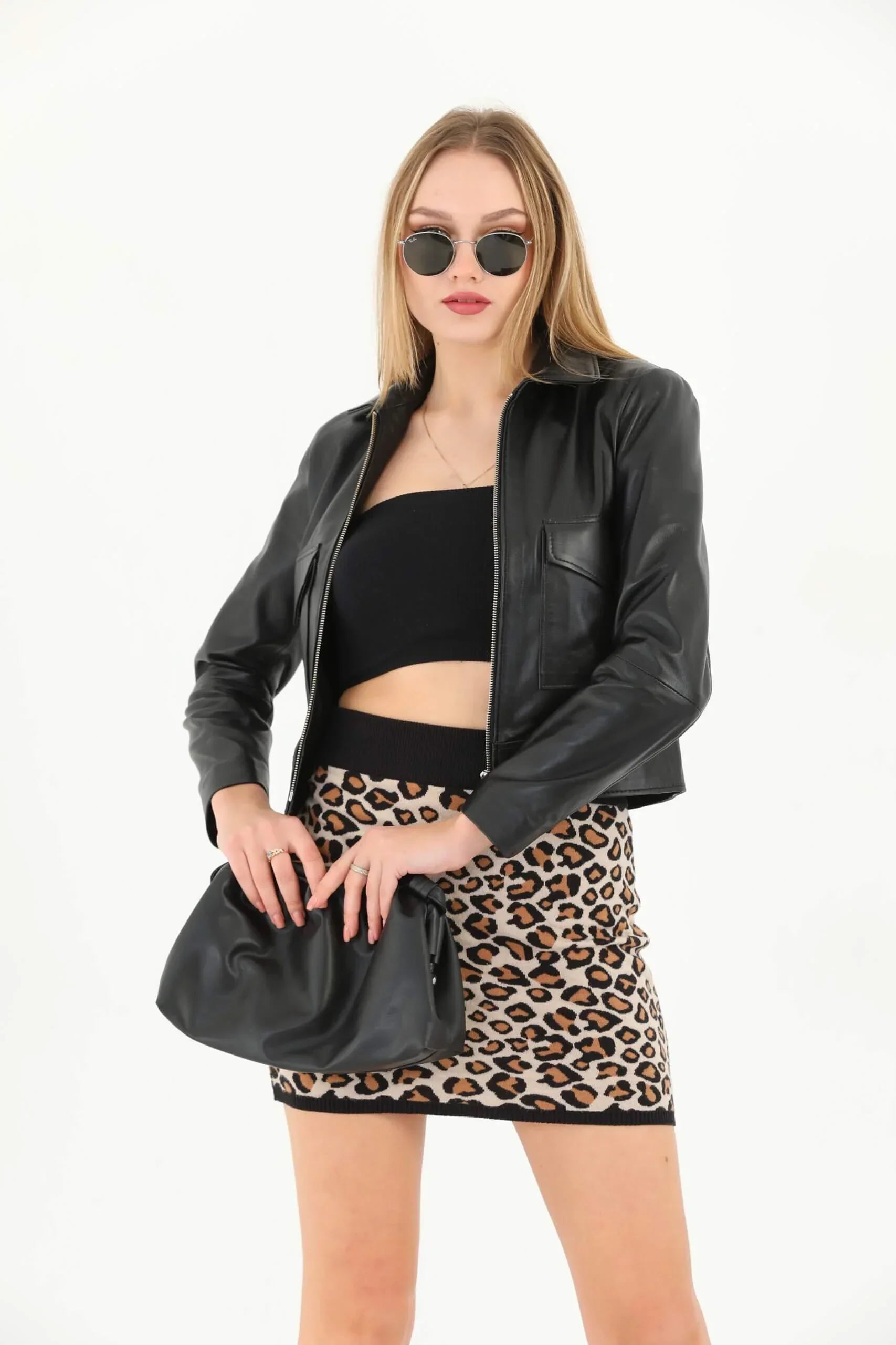 Quinn Black Crop Biker Leather Jacket
