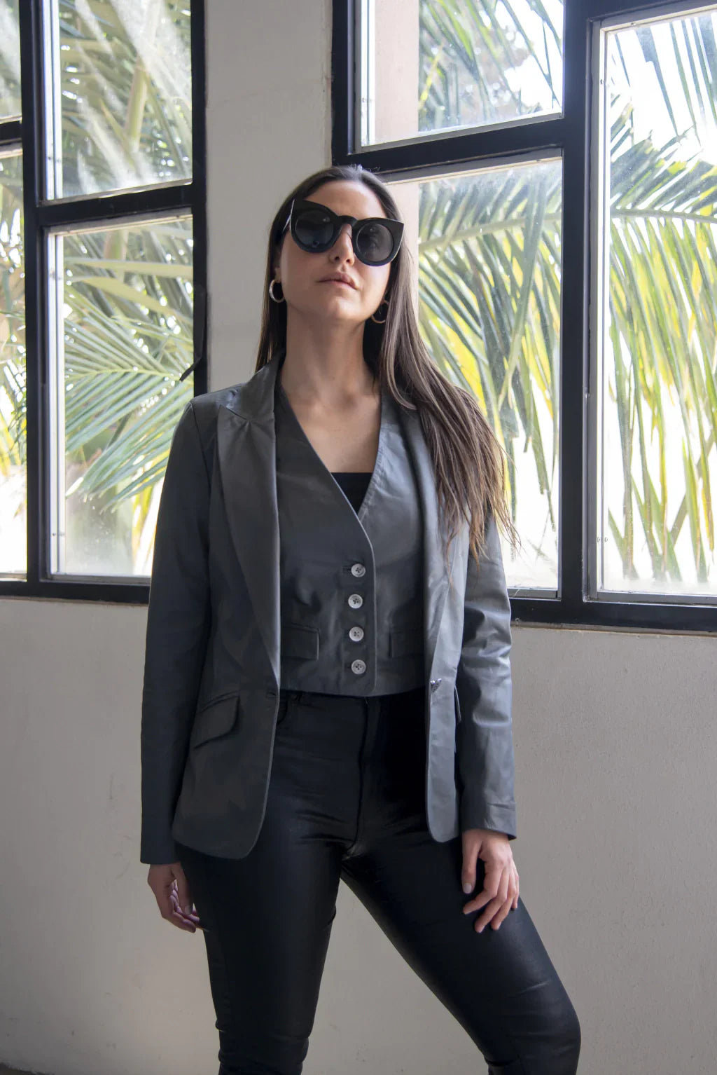 PRINDA Grey Leather Blazer For Women (2 Piece)