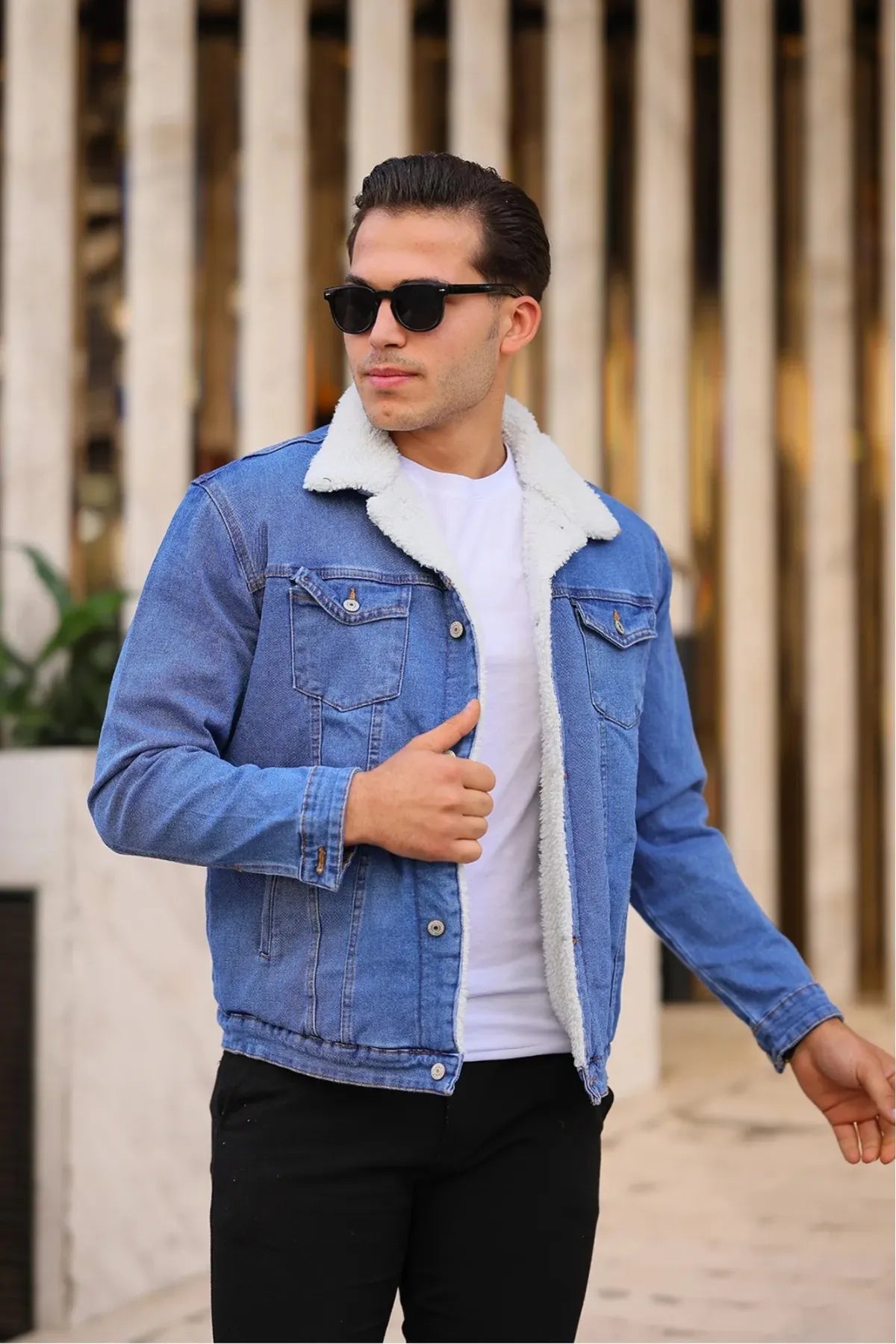 Full White Fur Light Blue Denim Jacket for Men by PRINDA – Stylish winter wear in Pakistan.