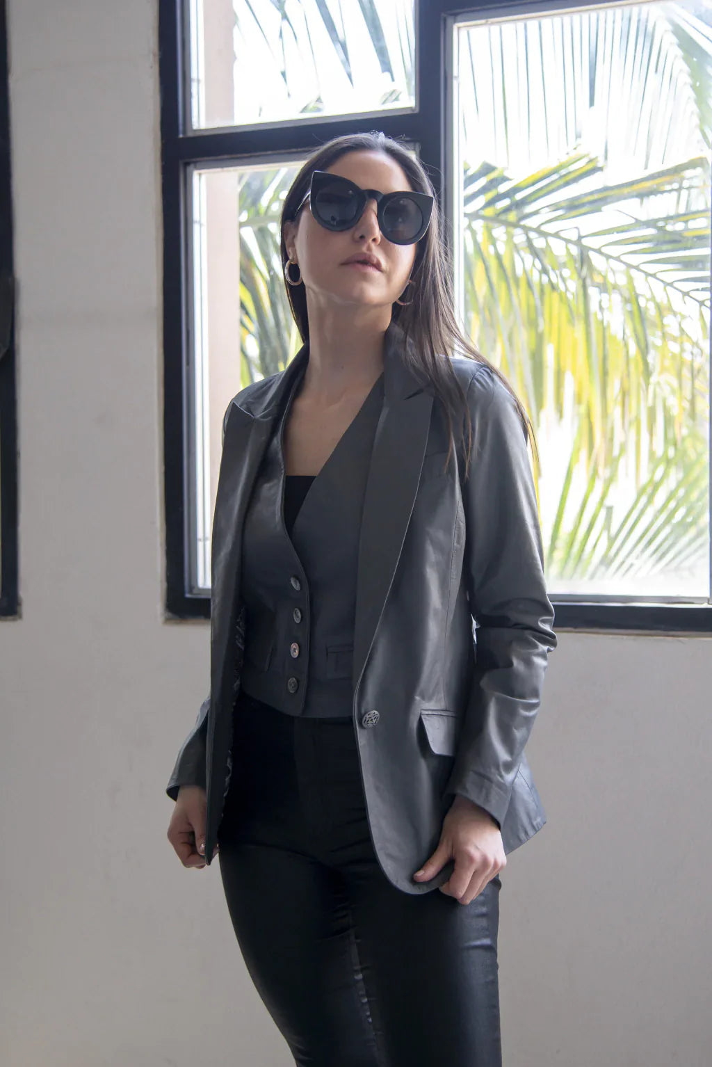 PRINDA Grey Leather Blazer For Women (2 Piece)