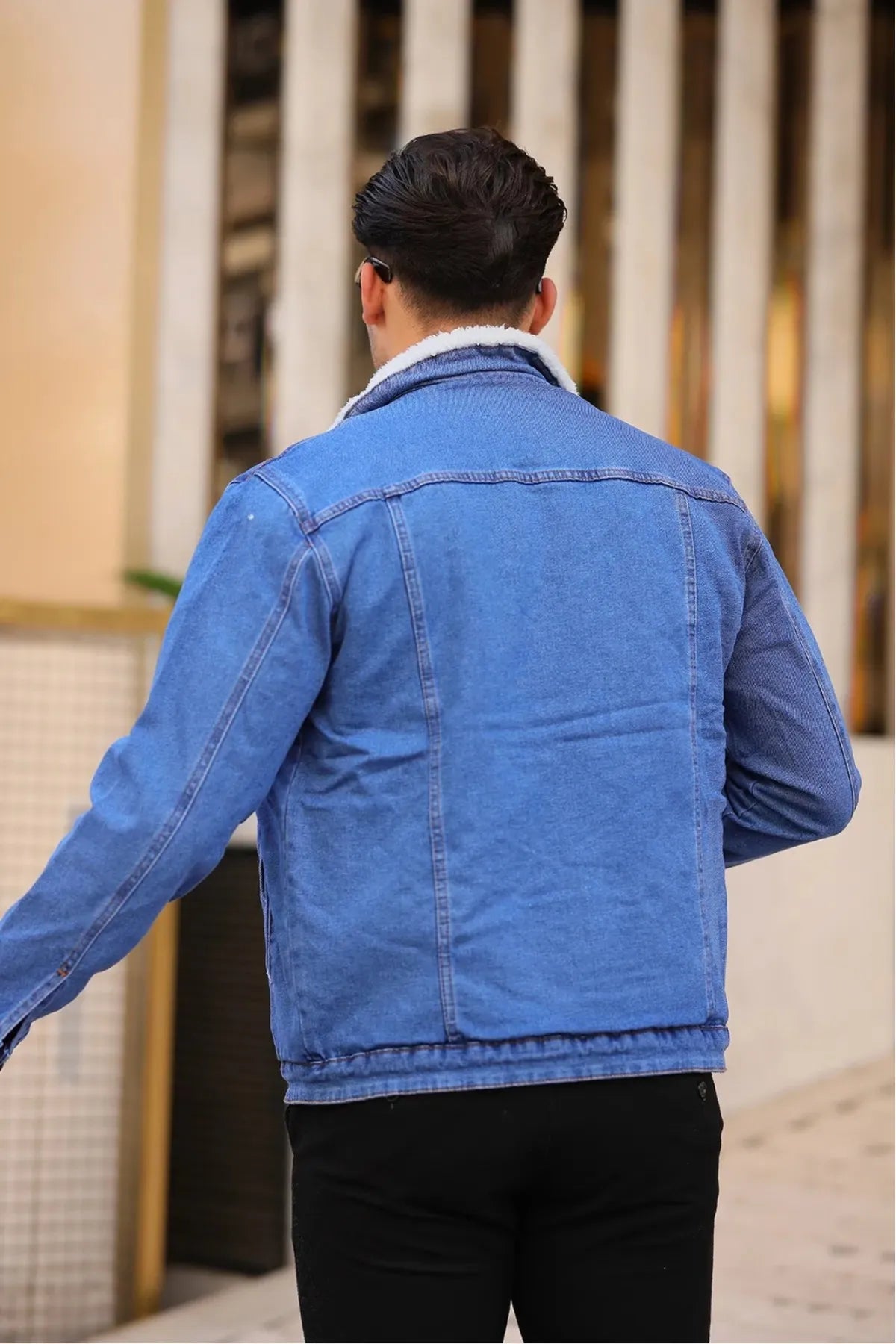 Men’s full white fur-lined light blue denim jacket available for delivery across Pakistan by PRINDA.