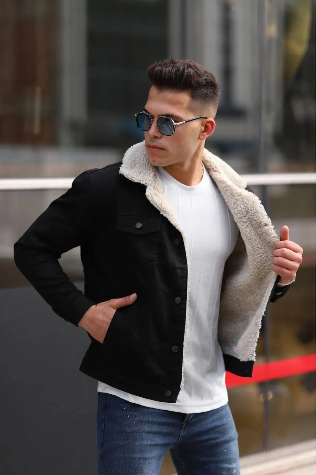 Men's Off White Fur Black Denim Jacket – Premium Style by PRINDA