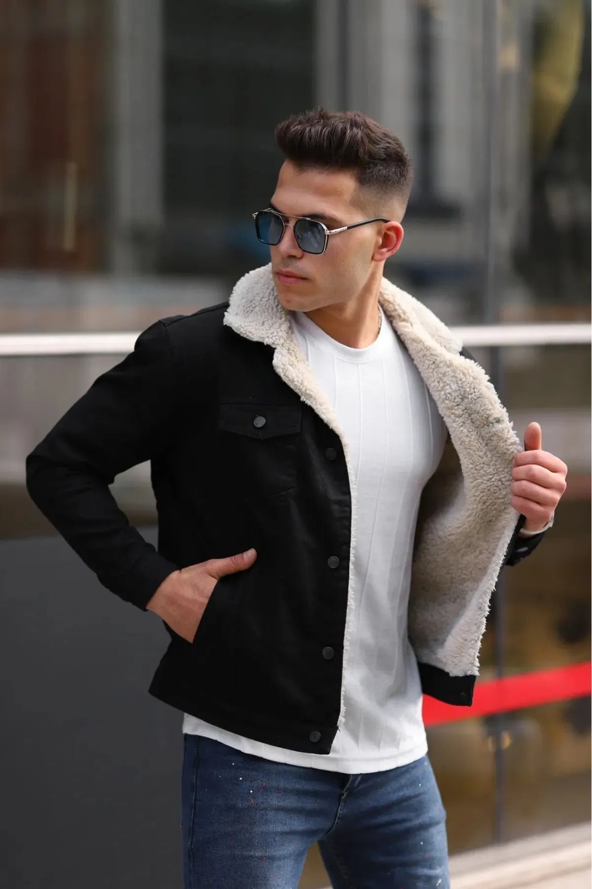 Men's Off White Fur Black Denim Jacket – Premium Style by PRINDA