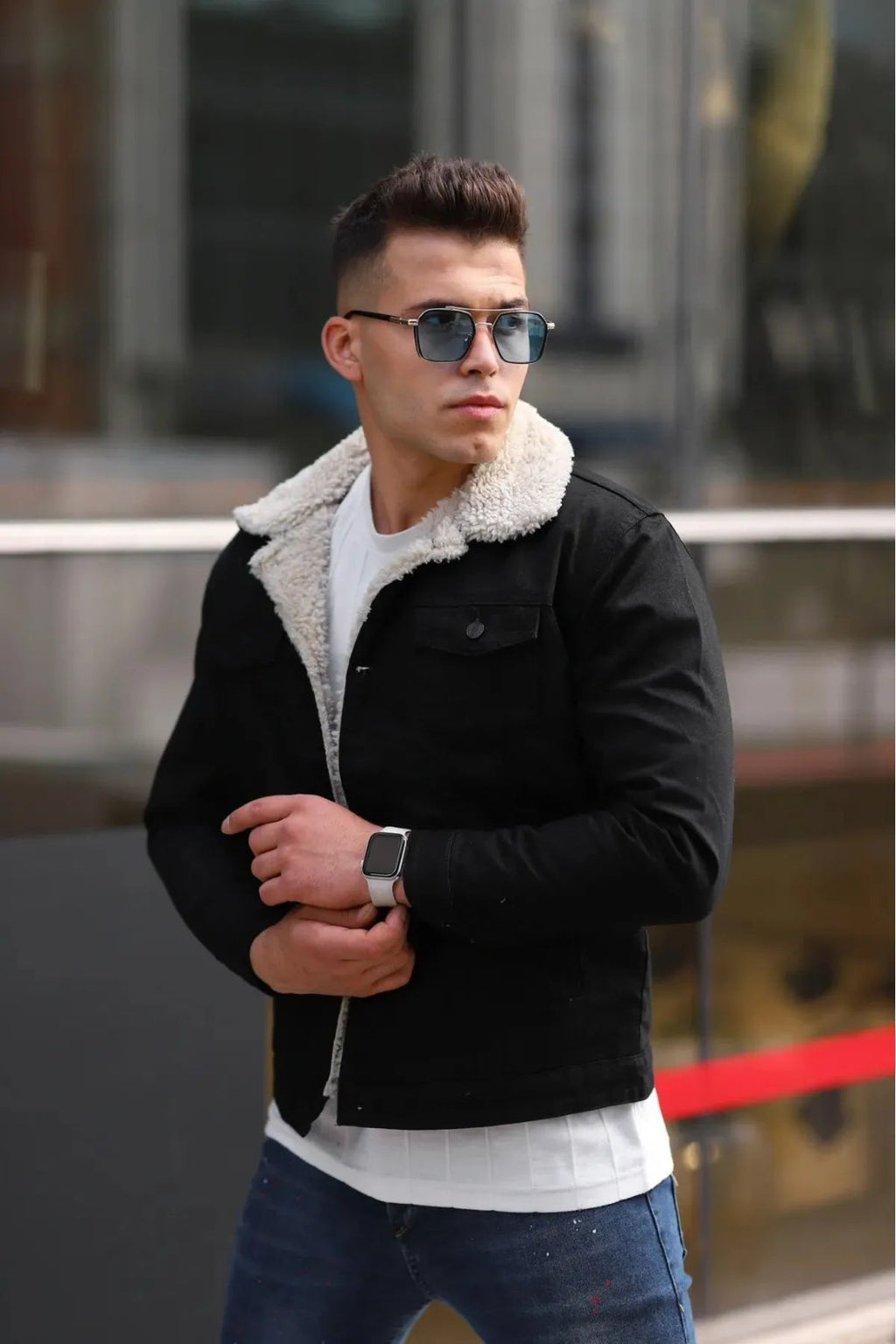 Men's Off White Fur Black Denim Jacket – Premium Style by PRINDA