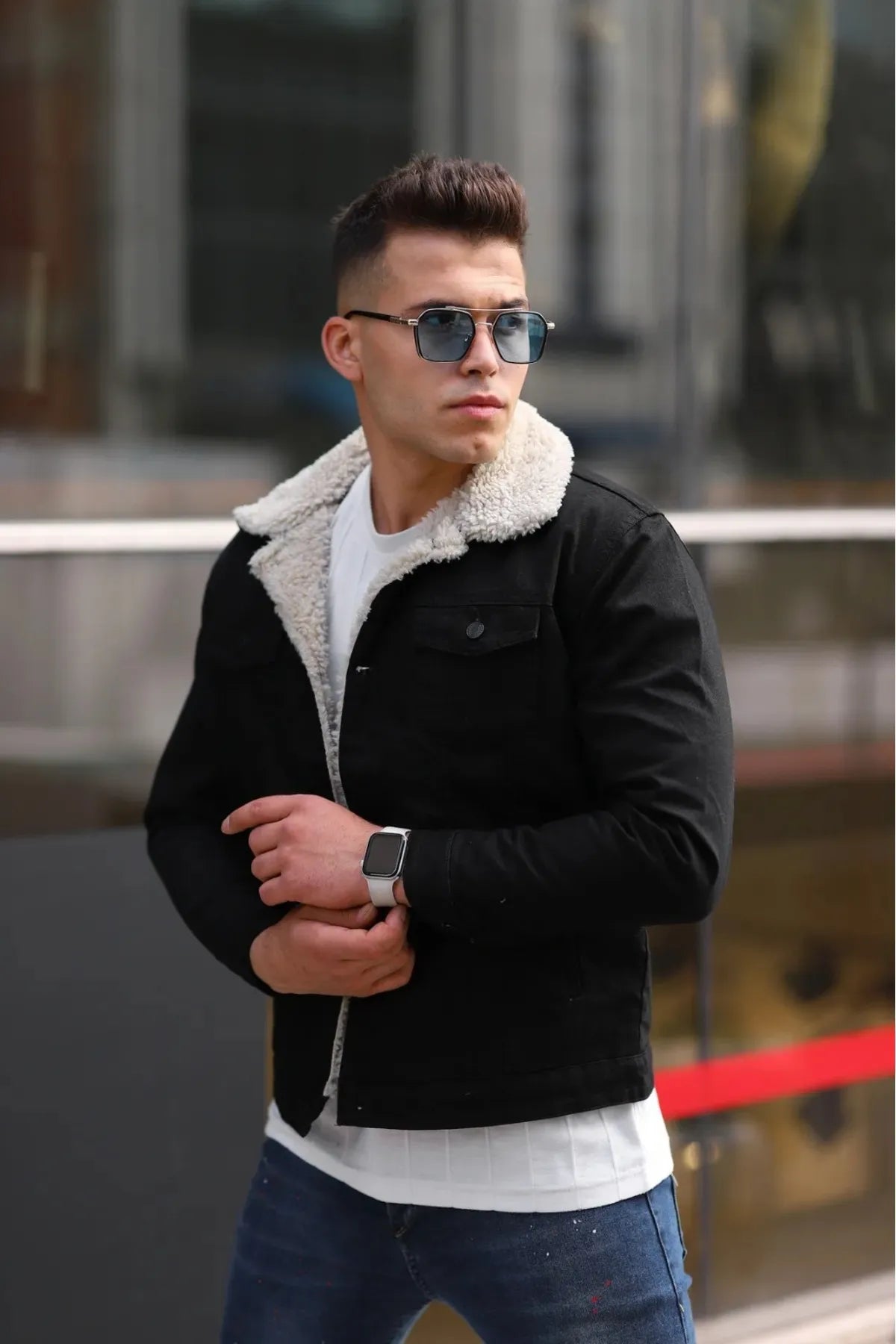Men's Off White Fur Black Denim Jacket – Premium Style by PRINDA