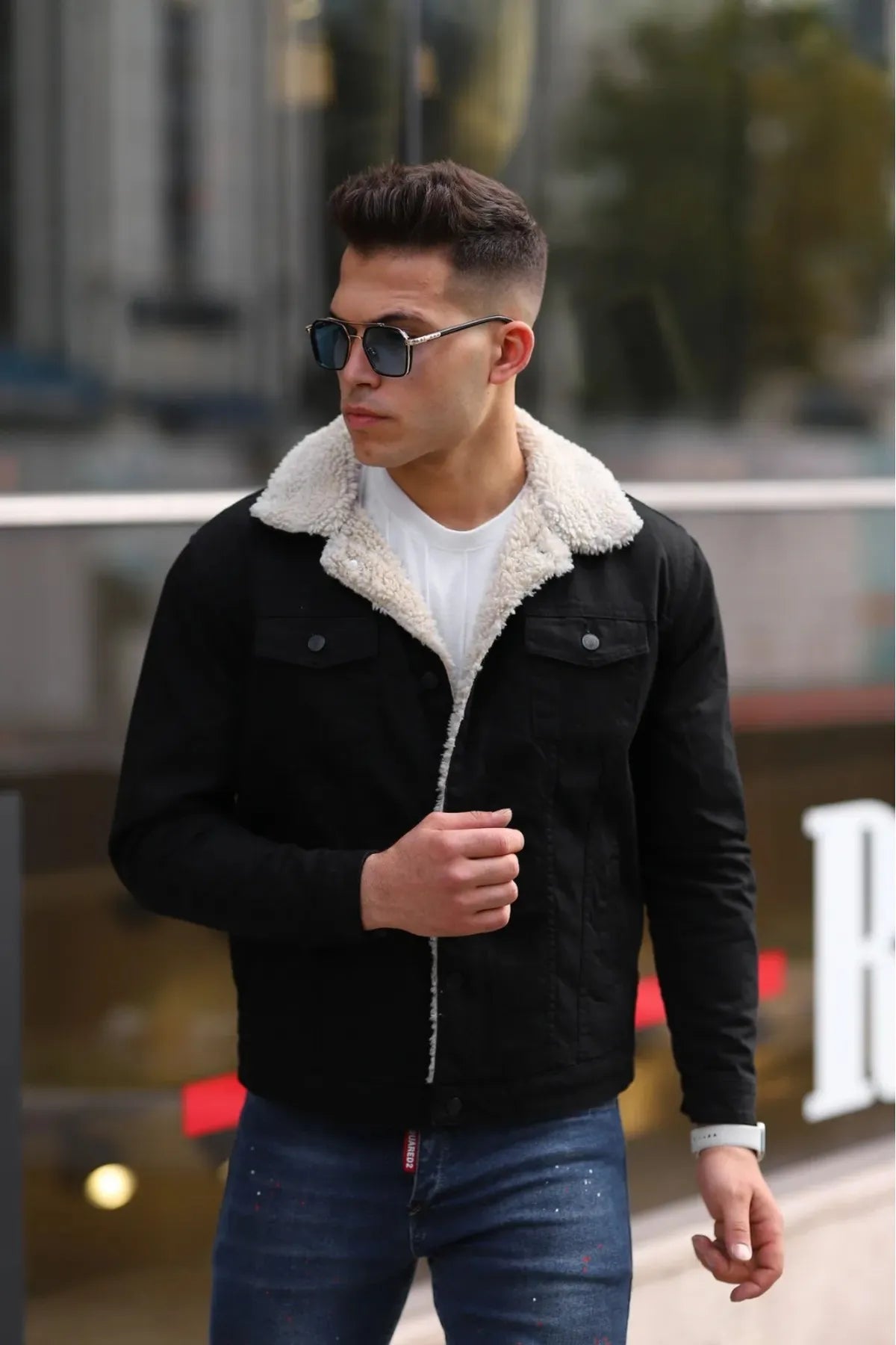 Men's Off White Fur Black Denim Jacket – Premium Style by PRINDA