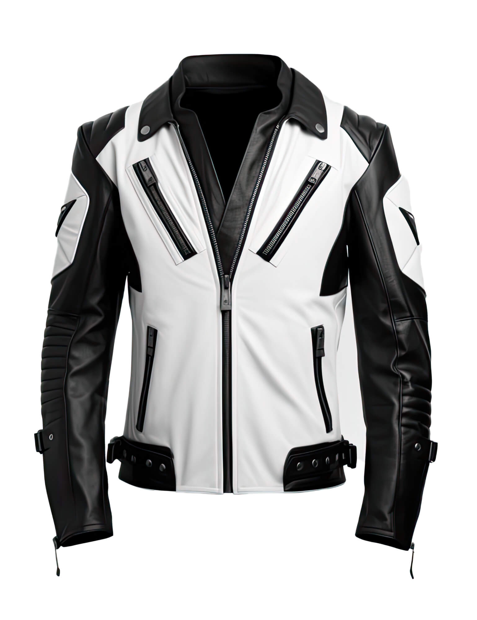 Men's White Black Genuine Sheepskin Stand Collar V-Neck Quilted Belted Soft Casual Slim-fit Moto Biker Leather Jacket - Front View - PRINDA