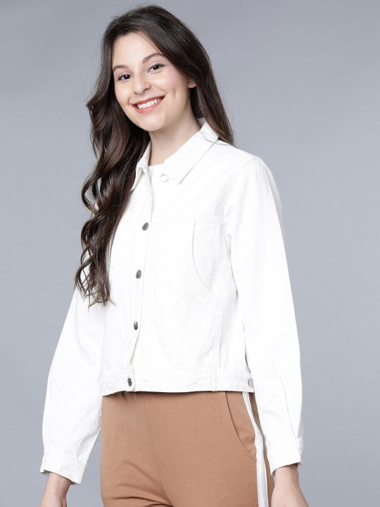 Women White Solid Crop Denim Jacket – Trendy Lightweight Layer for Pakistani Summers | PARINDA