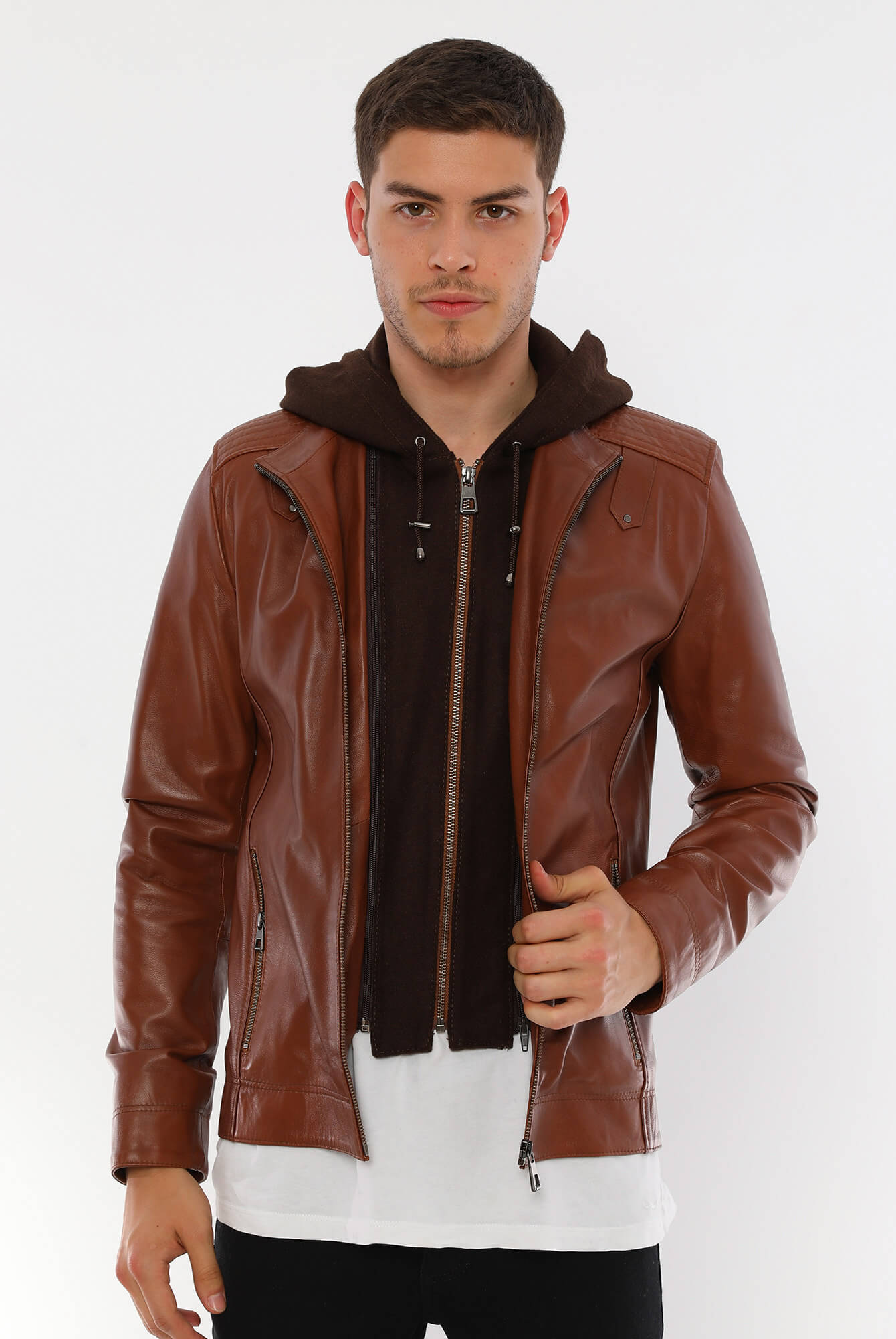 PRINDA Luca Tan Hooded Leather Jacket