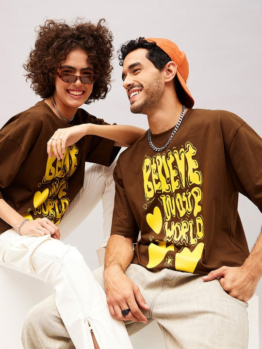 Unisex Brown Typography Printed Pure Cotton Oversized T-shirt – Premium Streetwear Style for Men & Women in Pakistan | PRINDA