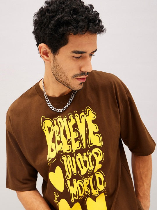 Unisex Brown Typography Printed Pure Cotton Oversized T-shirt – Premium Streetwear Style for Men & Women in Pakistan | PRINDA