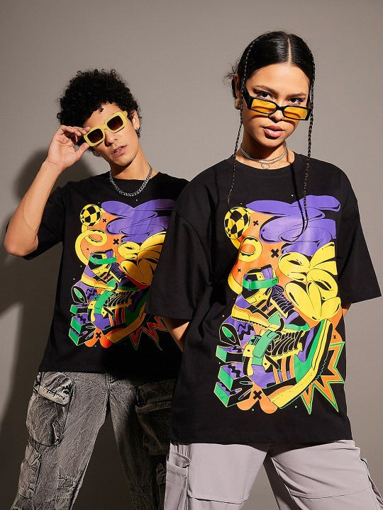 Unisex Black Graphic Printed Pure Cotton Oversized T-shirt – Trendy Streetwear for Men & Women in Pakistan | PRINDA