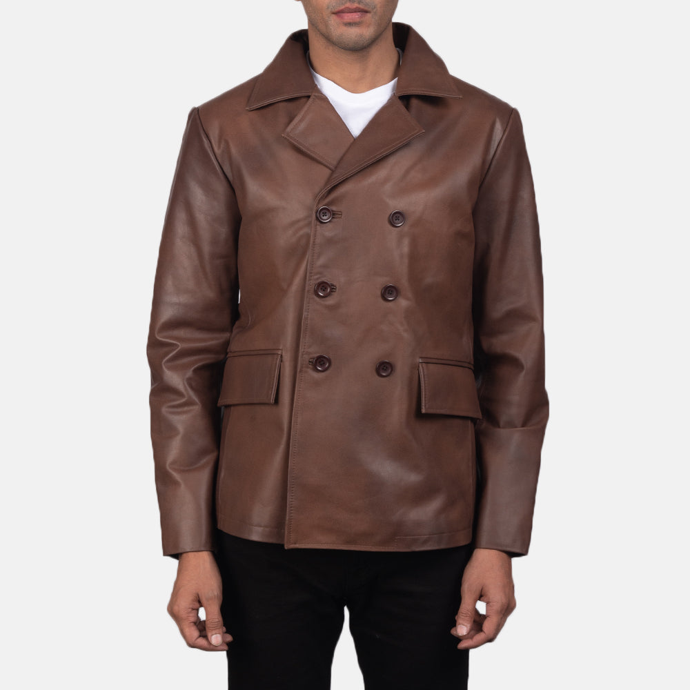 PRINDA Brown Genuine Leather Naval Peacoat