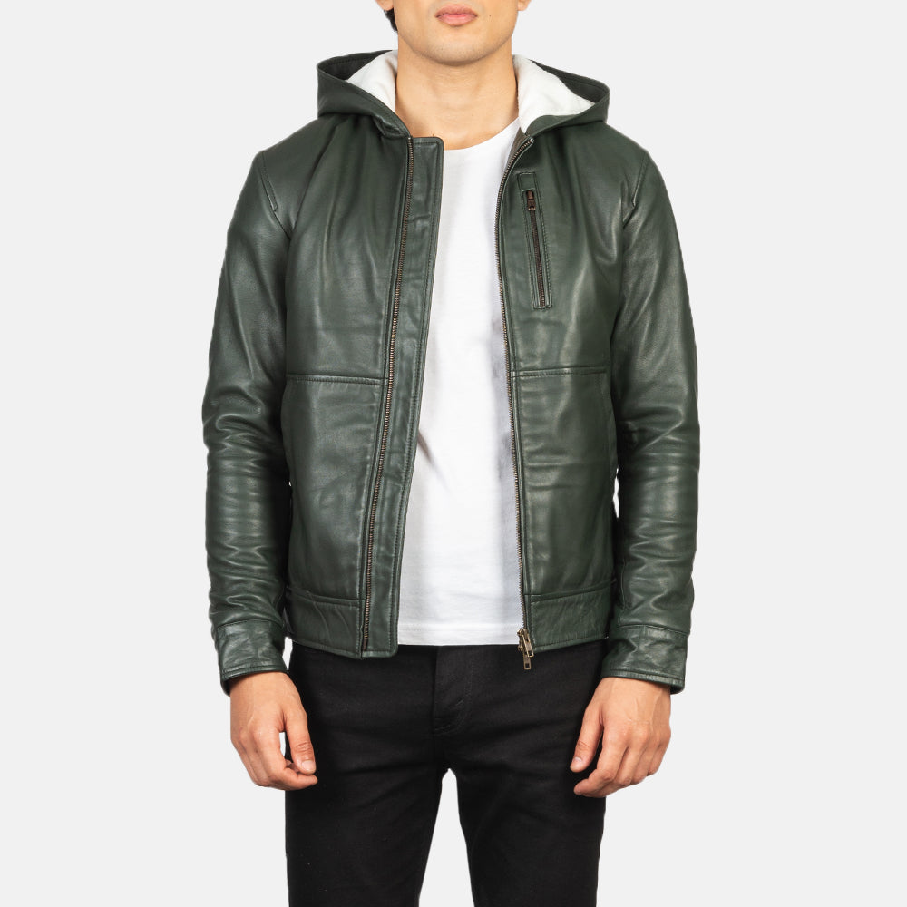 PRINDA Green Hooded Leather Bomber Jacket