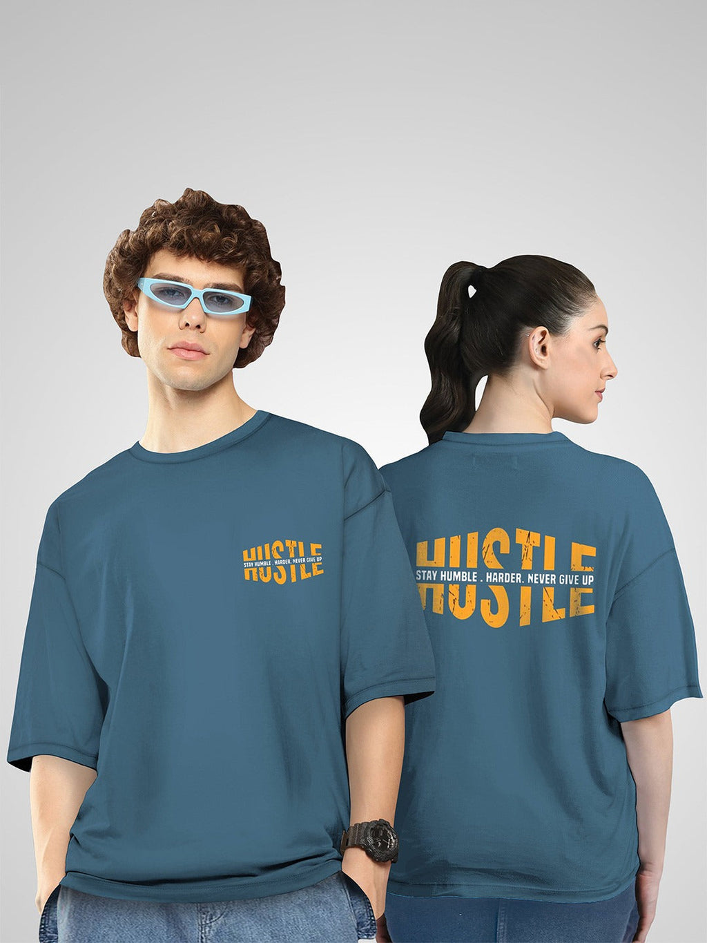 Unisex Pack of 2 HustleH Printed Cotton Oversized T-Shirts – Twinny Zone Graphic Tees for Men & Women in Pakistan | PRINDA