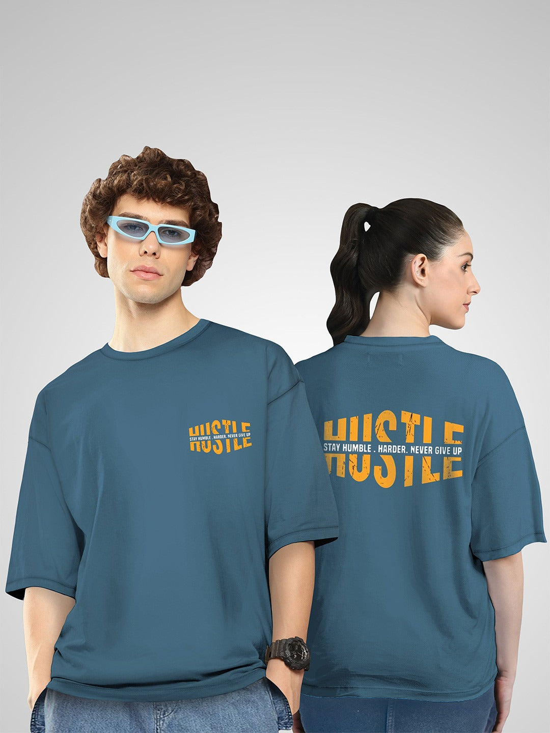 Unisex Pack of 2 HustleH Printed Cotton Oversized T-Shirts – Twinny Zone Graphic Tees for Men & Women in Pakistan | PRINDA