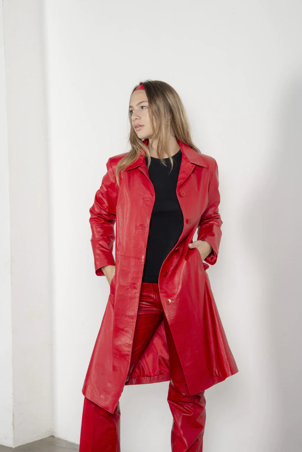 PRINDA Blood Red Leather Coat For Women's