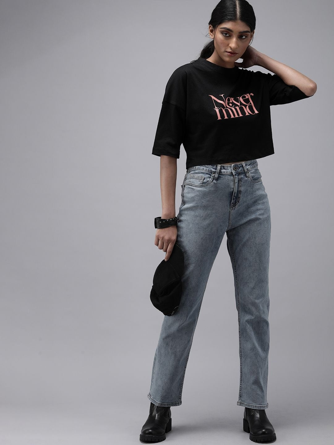 PRINDA Women Black Red Printed Cotton Crop T-Shirt
