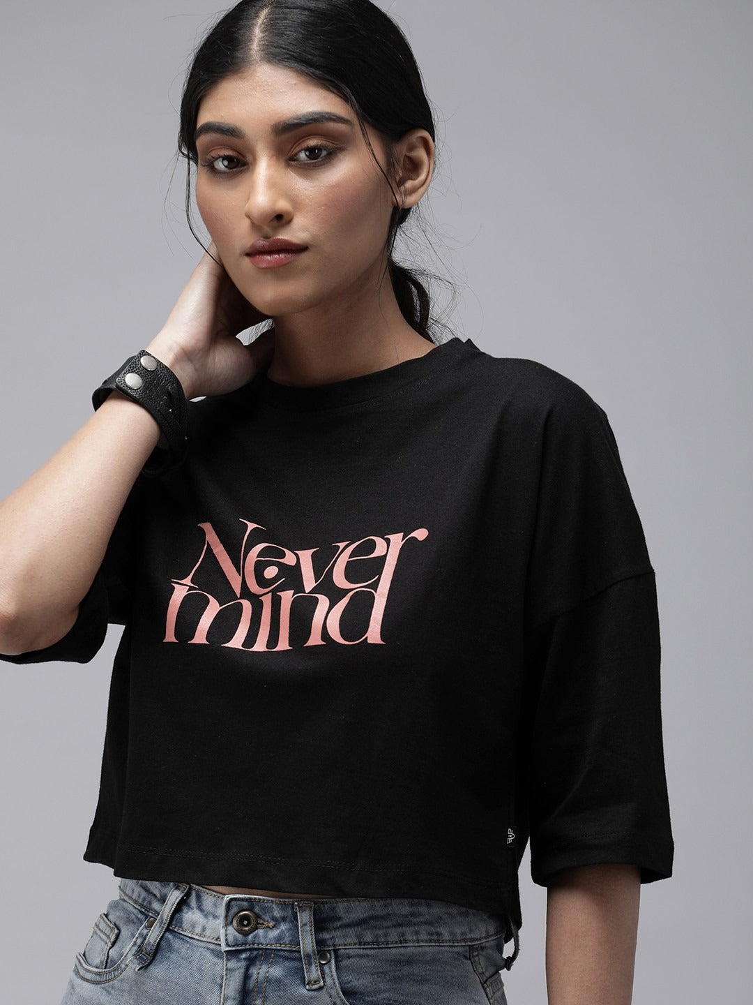 PRINDA Women Black Red Printed Cotton Crop T-Shirt