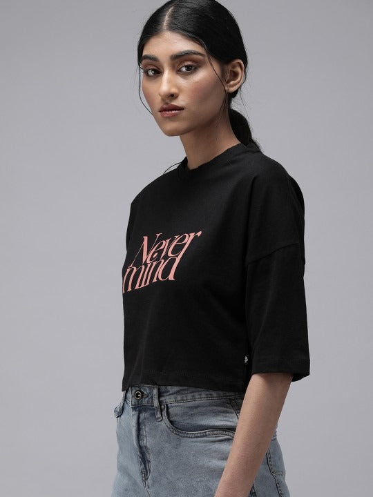 PRINDA Women Black Red Printed Cotton Crop T-Shirt