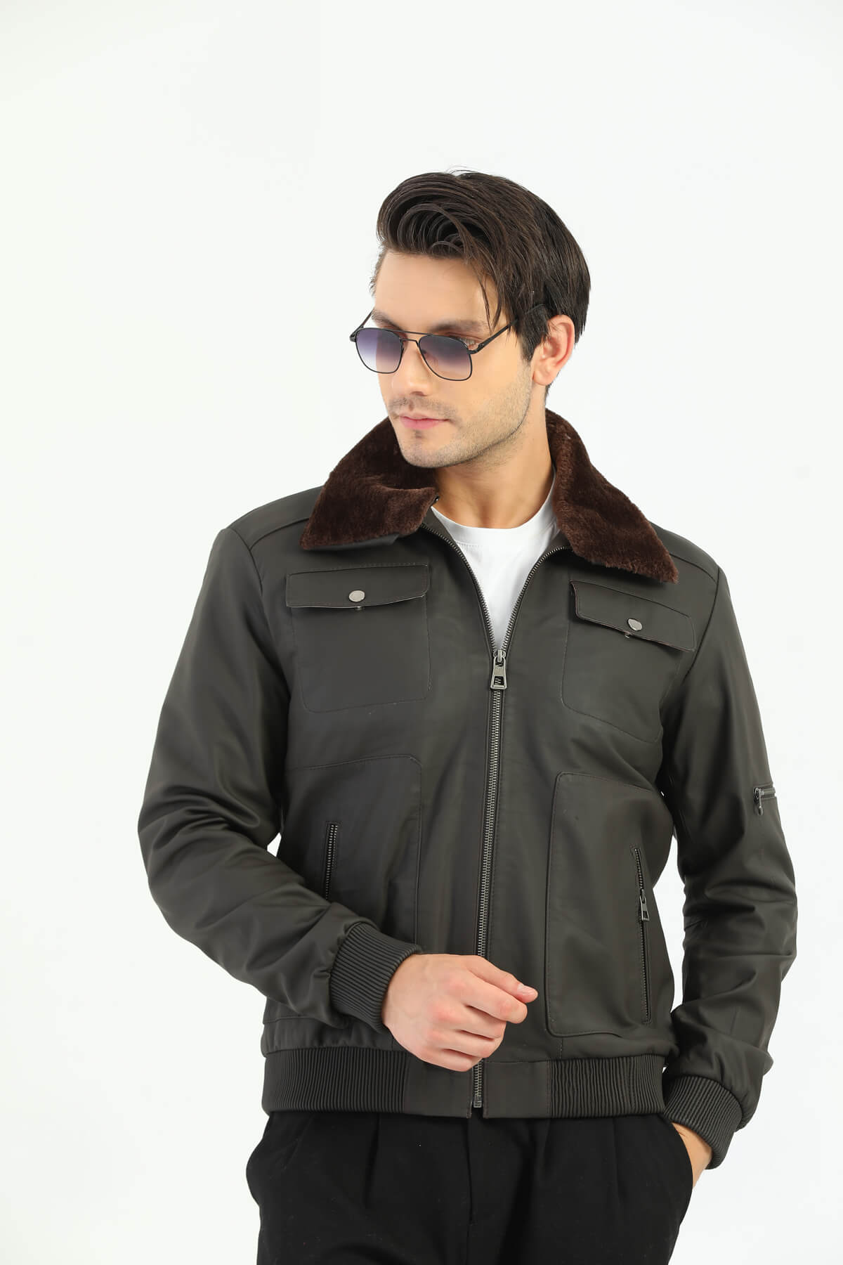 PRINDA Inverness Gray Leather Jacket Furry collar