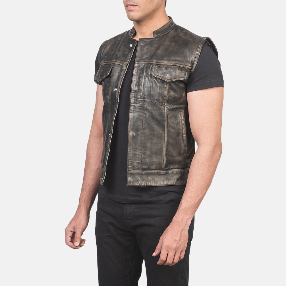 PRINDA Moto Distressed Brown Leather Vest