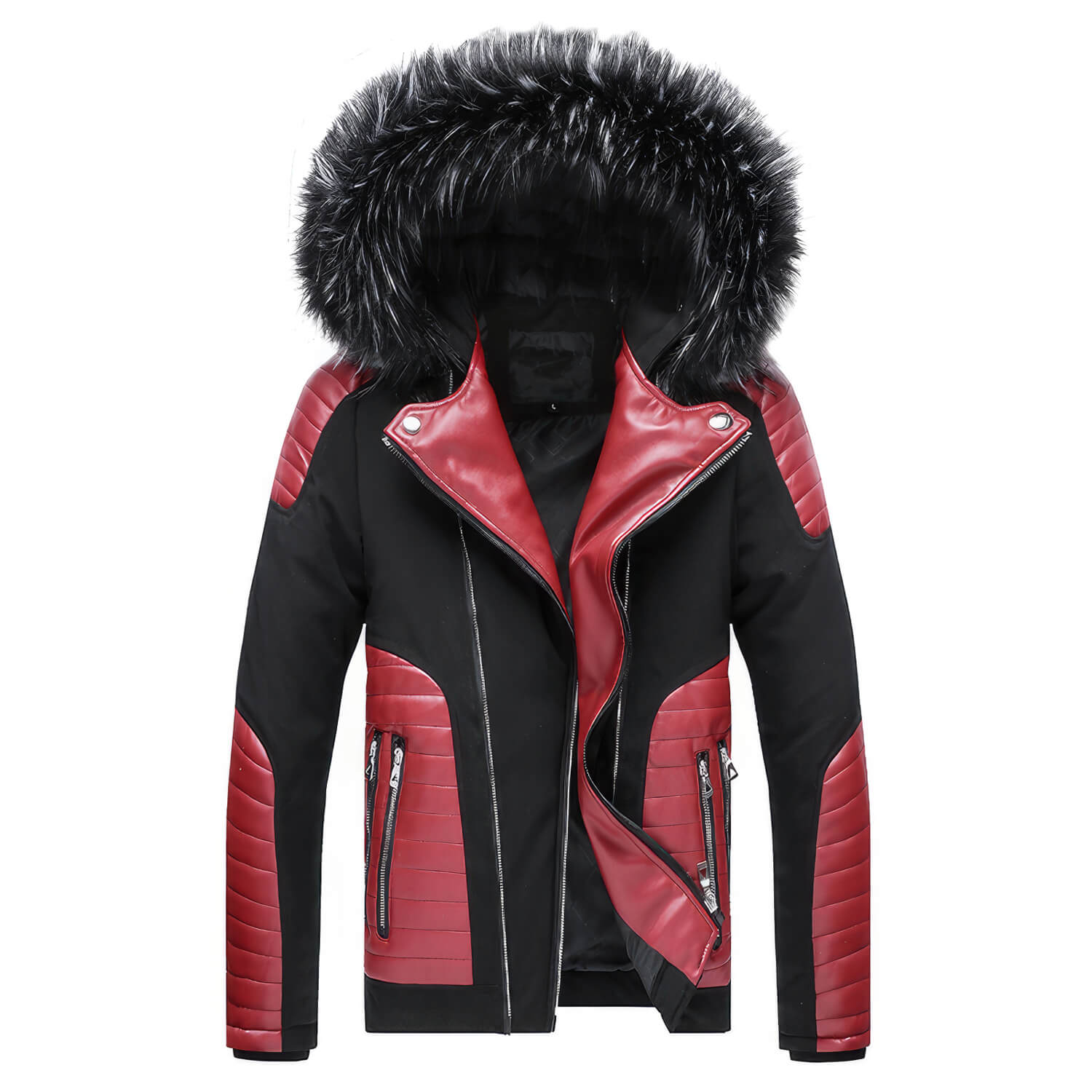 Men's Black Biker Genuine Sheepskin Detachable Hood Faux Fur Red Quilted Design Motorcycle Rider Parka Warm Leather Jacket  - Back View - PRINDA