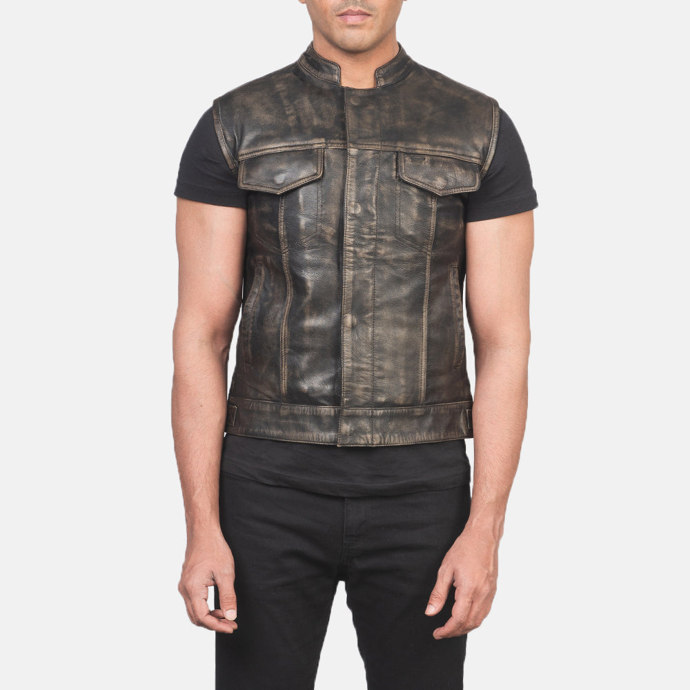 PRINDA Moto Distressed Brown Leather Vest