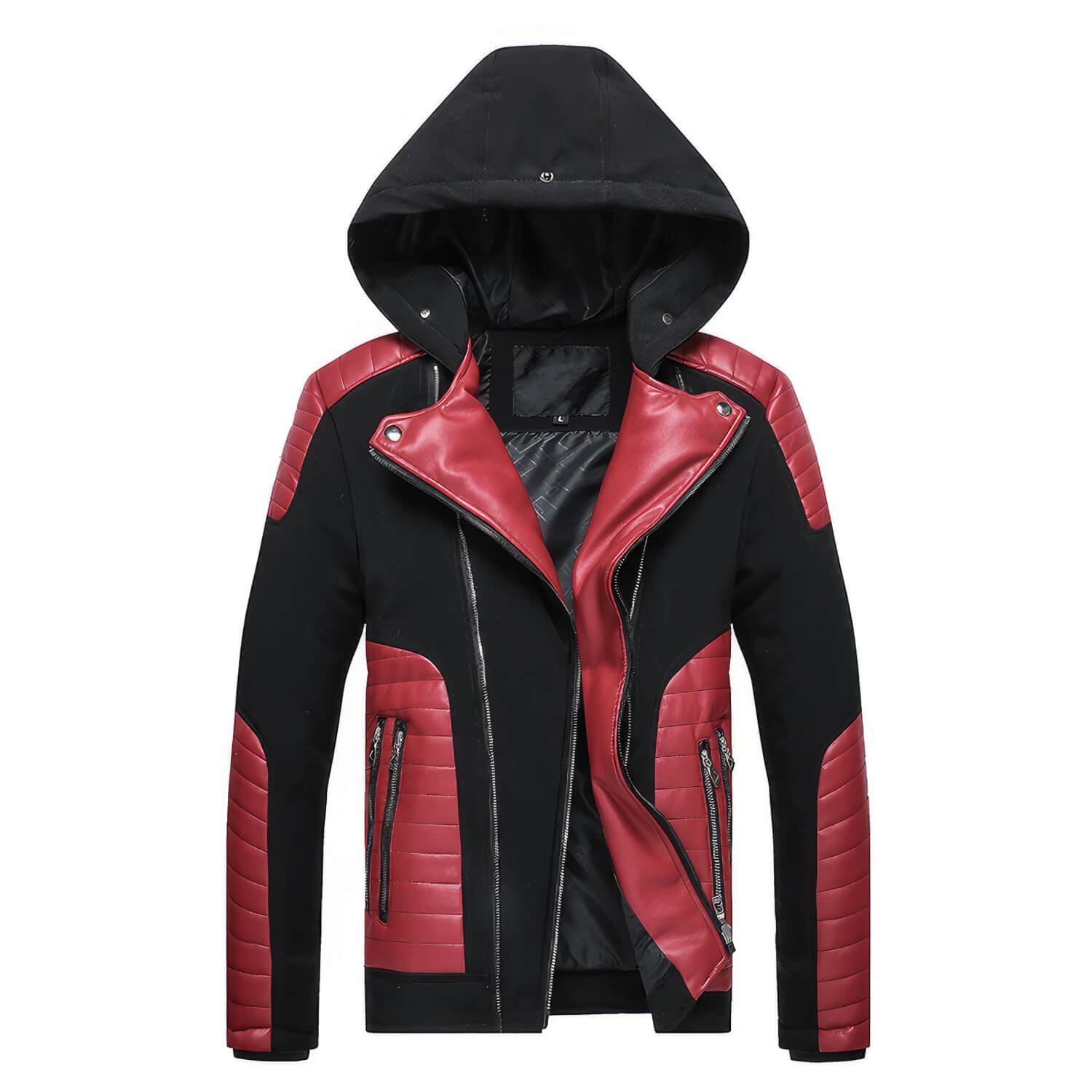 Men's Black Biker Genuine Sheepskin Detachable Hood Faux Fur Red Quilted Design Motorcycle Rider Parka Warm Leather Jacket - Front View - PRINDA