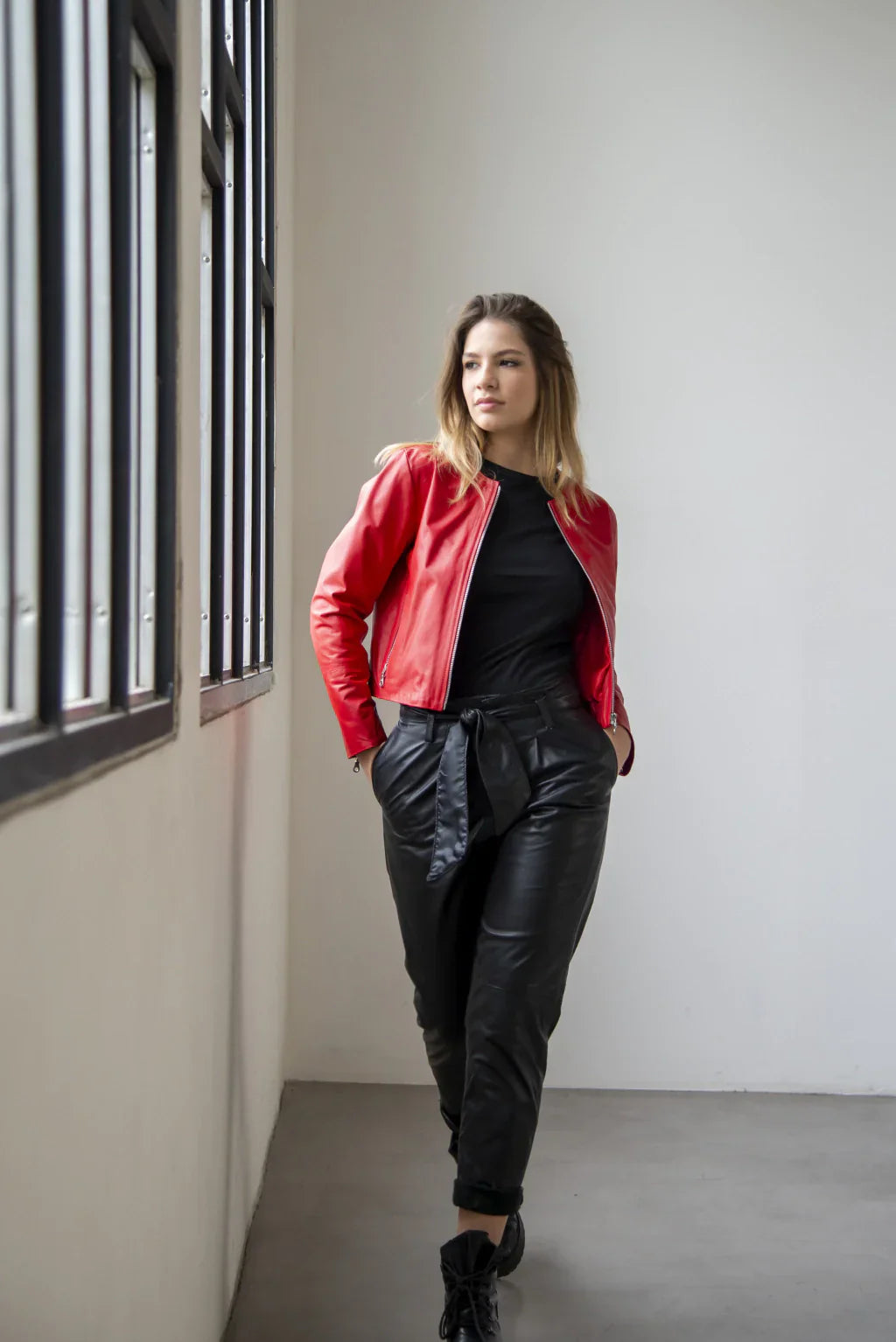 Red Women Collarless Biker Leather Jacket