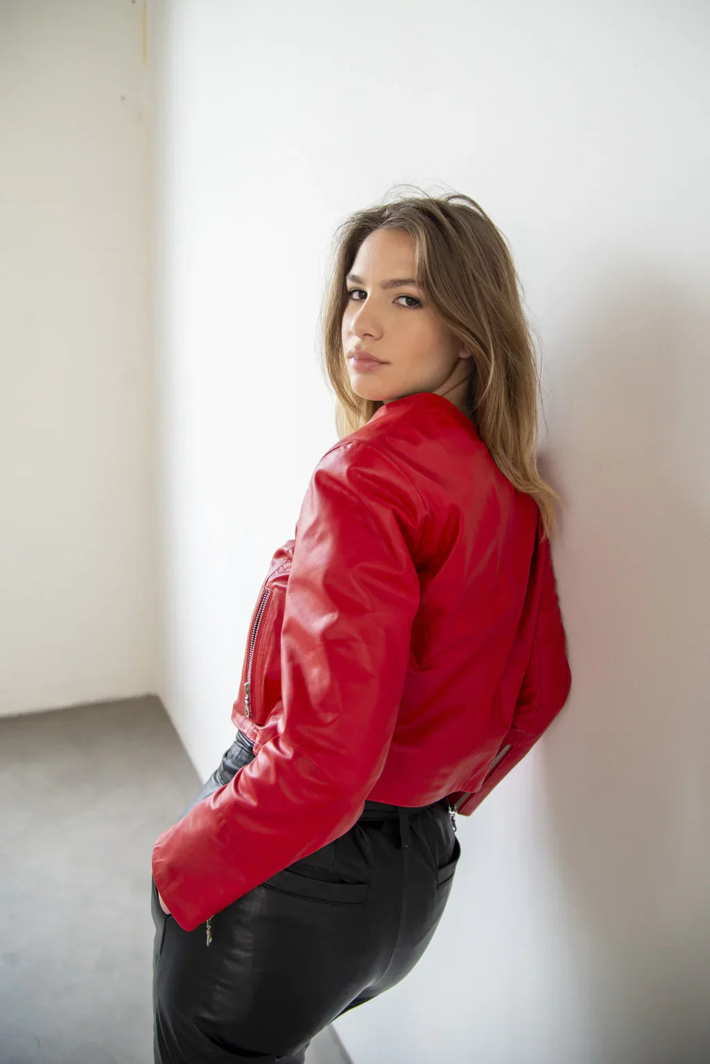 Red Women Collarless Biker Leather Jacket
