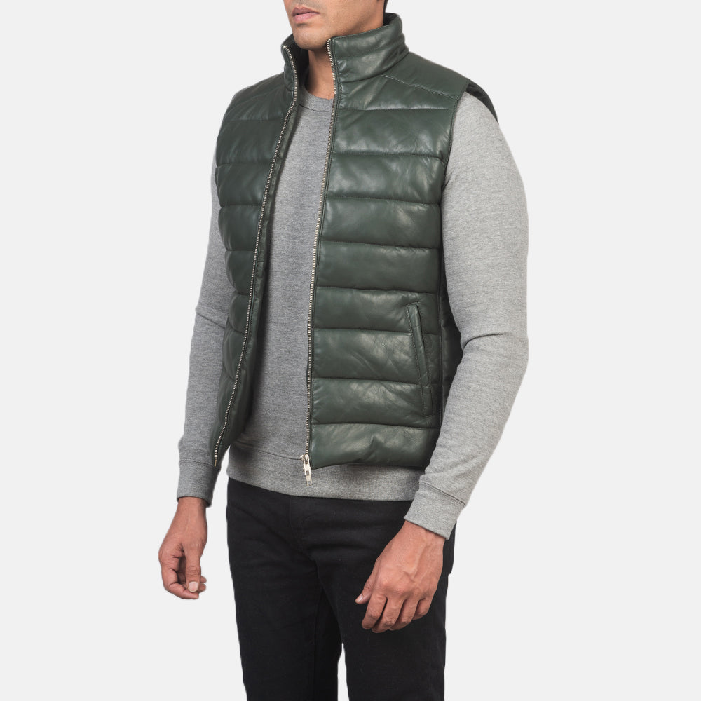 PRINDA Green Genuine Leather Puffer Vest