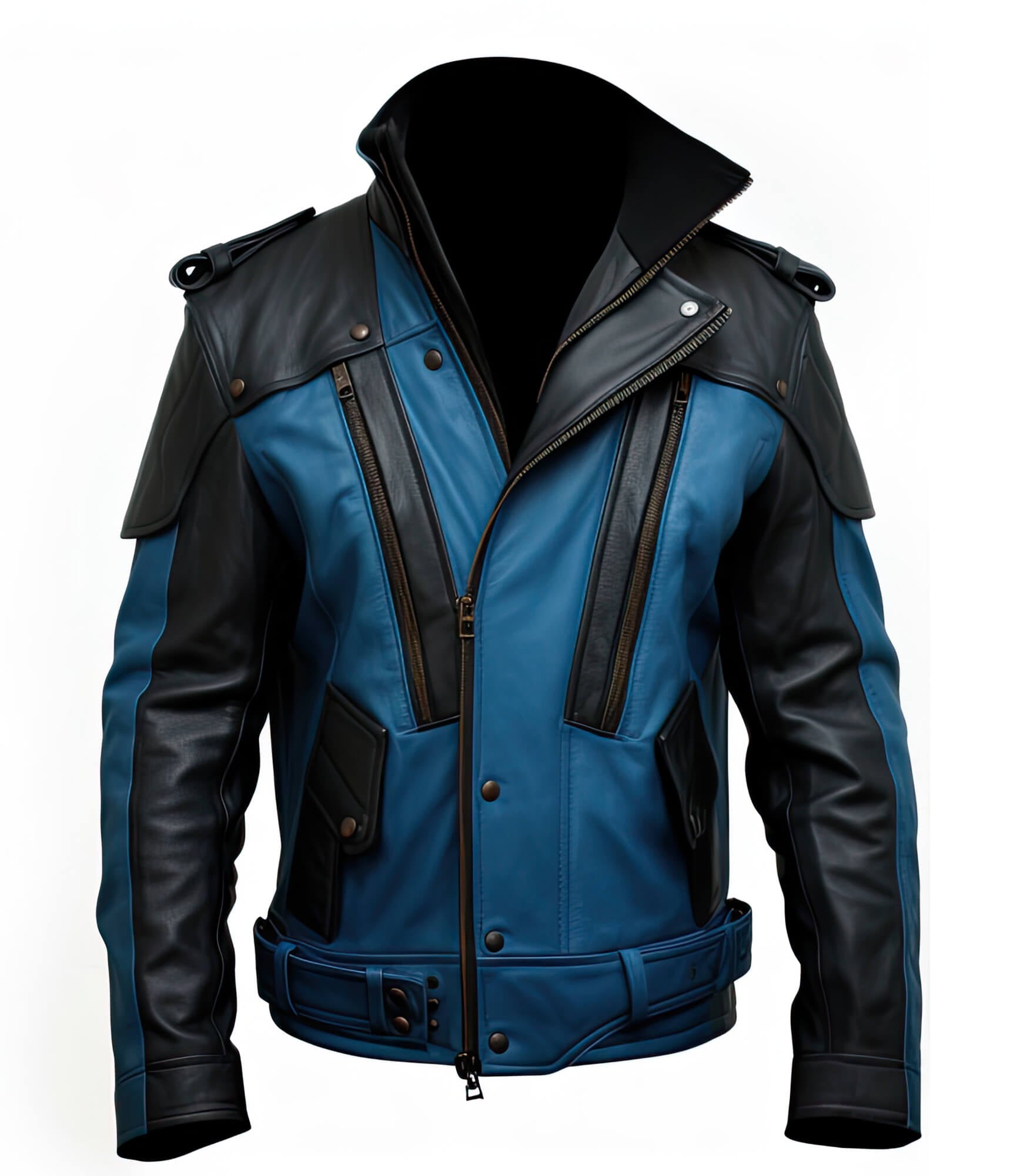 Men's Blue Black Genuine Sheepskin Shirt Collar Asymmetric Belted Elegant Fashionable Military Style Leather Jacket - Front View - PRINDA