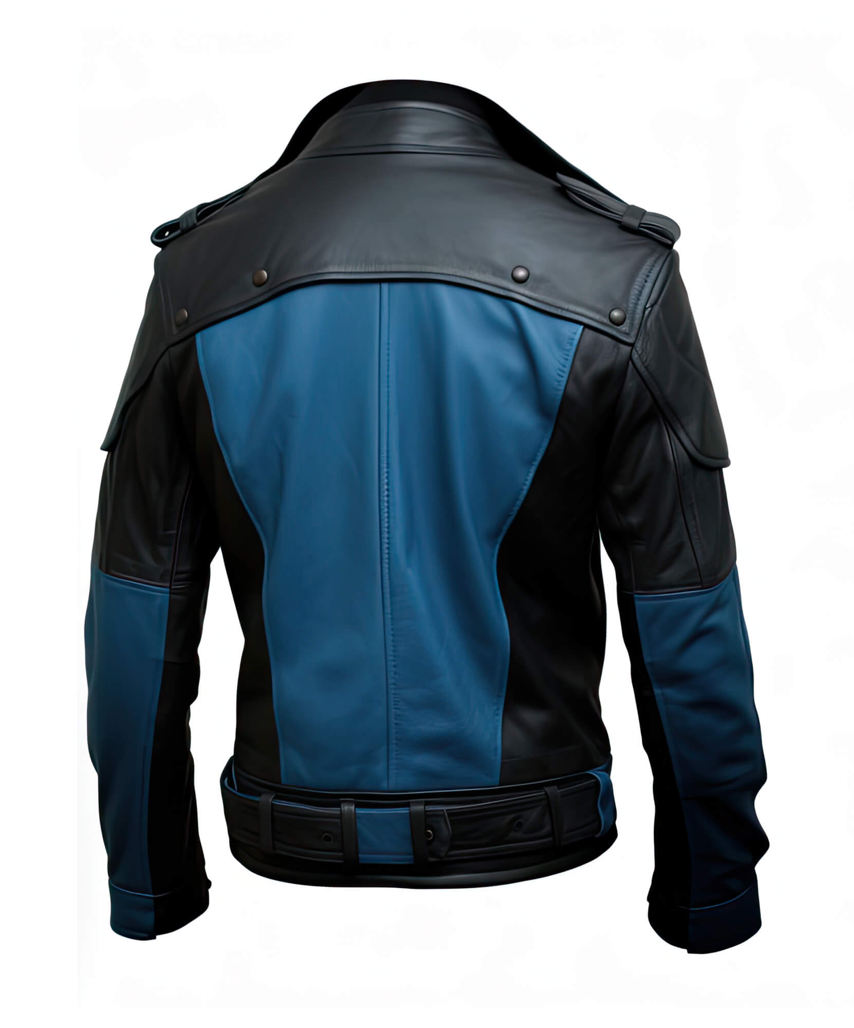 Men's Blue Black Genuine Sheepskin Shirt Collar Asymmetric Belted Elegant Fashionable Military Style Leather Jacket - Back View - PRINDA