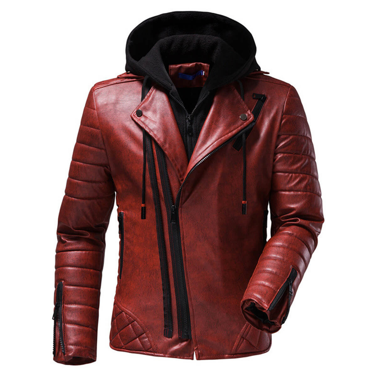 Men's Vintage Distressed Maroon Biker Genuine Sheepskin Lapel Collar Hooded Motorcycle Rider Crossover Retro Quilted Asymmetric Leather Jacket - Front View - PRINDA
