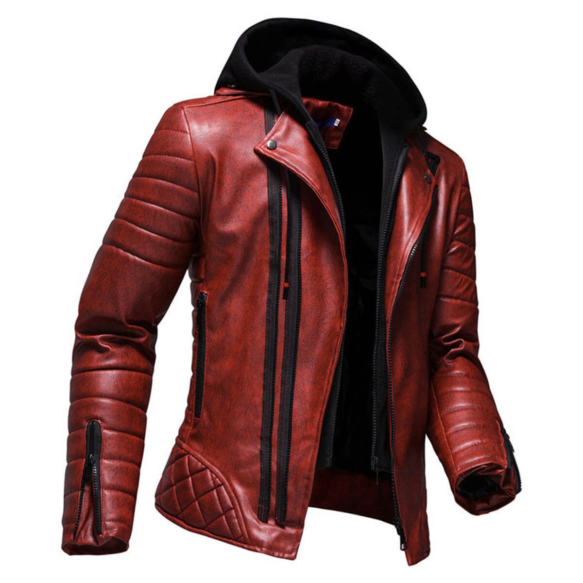 Men's Vintage Distressed Maroon Biker Genuine Sheepskin Lapel Collar Hooded Motorcycle Rider Crossover Retro Quilted Asymmetric Leather Jacket  - Back View - PRINDA