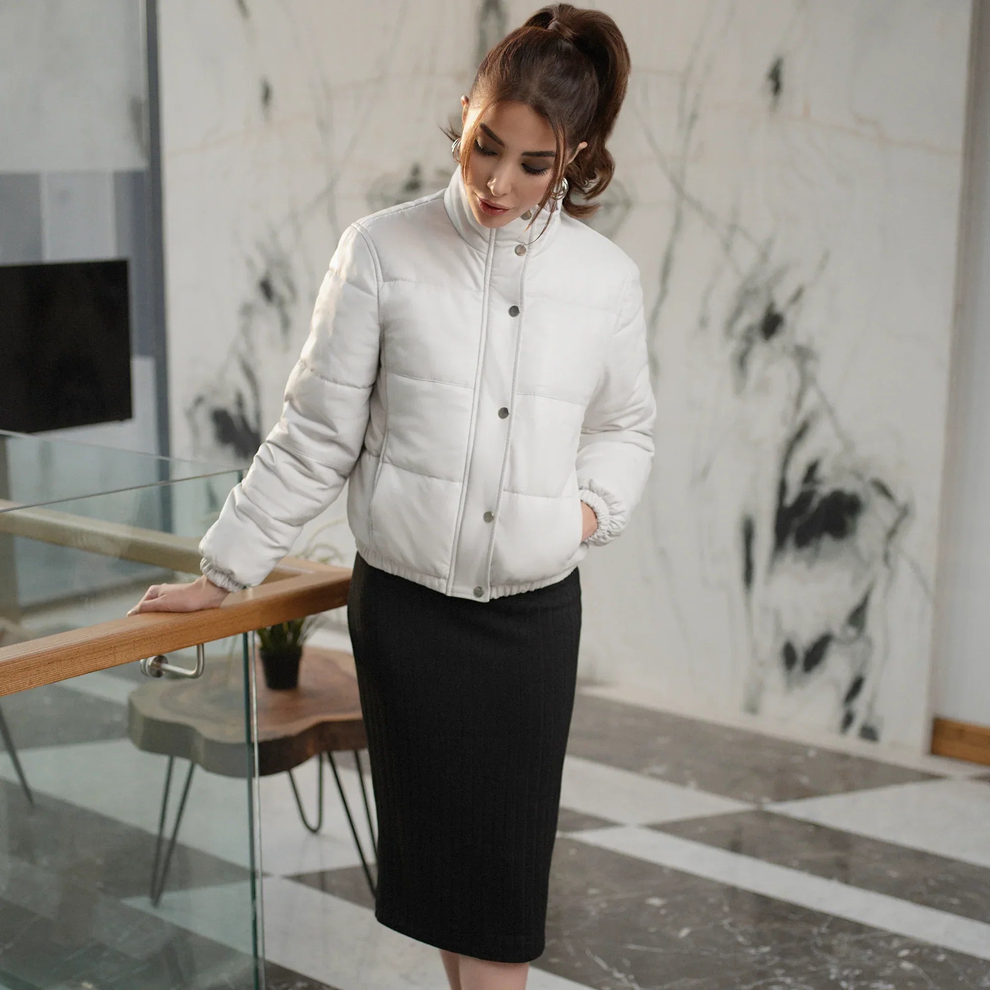 Quilted Bomber Women Leather Jacket