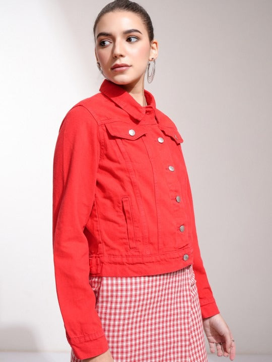Women Red Denim Jacket by PARINDA – Bold Streetwear Style in Pakistan