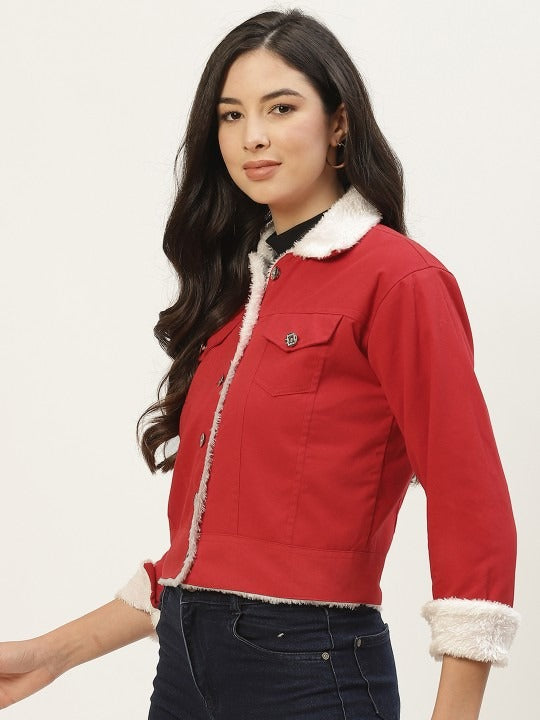 Women Red Solid Pure Cotton Denim Jacket – Stylish, Breathable Outerwear for Pakistan | PARINDA