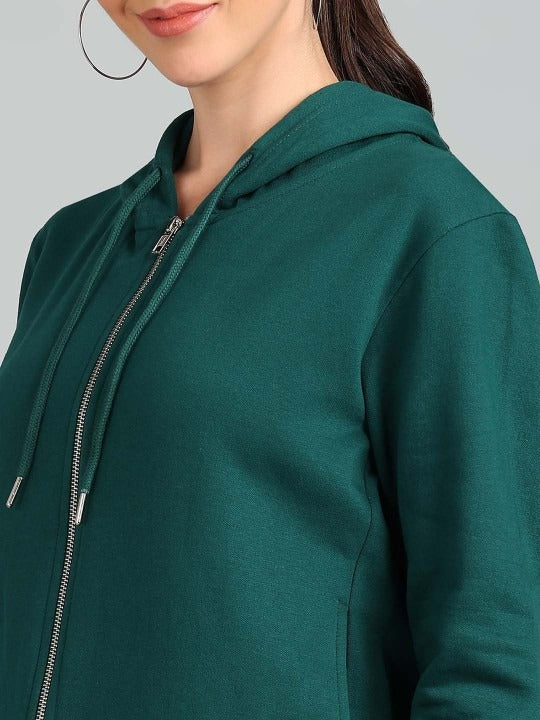 Women Solid Hooded Front-Open Cotton Olive Green Zipper Hoodie – Casual & Stylish Outerwear for Pakistan | PRINDA