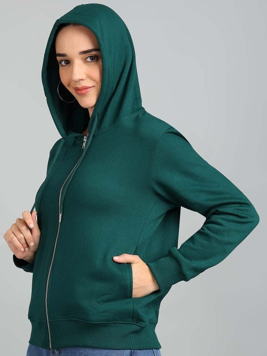 Women Solid Hooded Front-Open Cotton Olive Green Zipper Hoodie – Casual & Stylish Outerwear for Pakistan | PRINDA